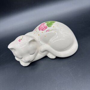 Vintage Sleeping Cat Figurine Pink Floral Ceramic White Kitty Cottage Granny